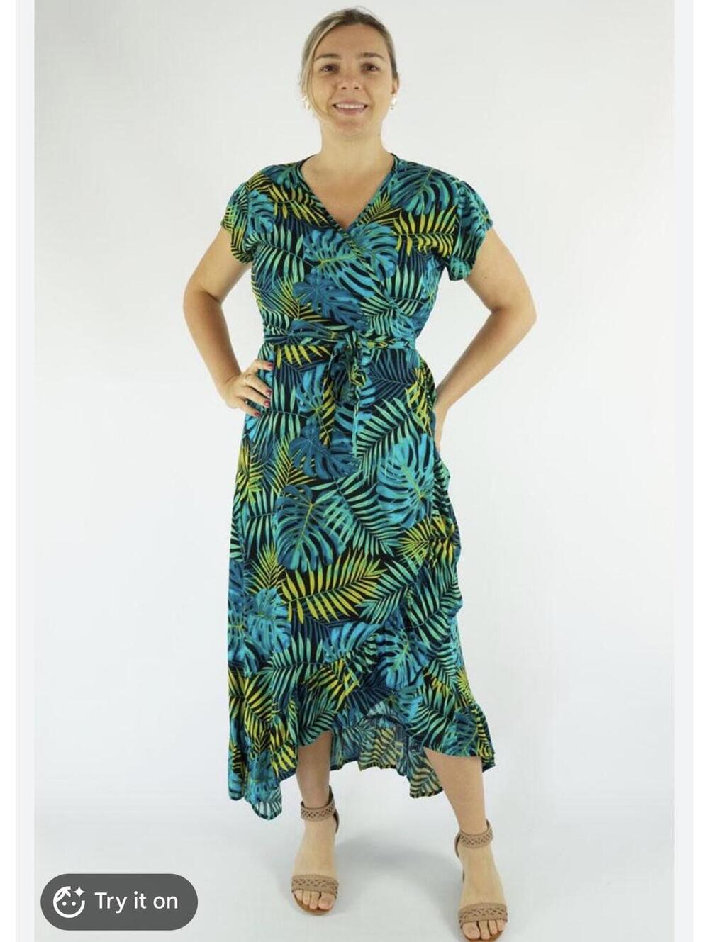 Bali Style Tropical Palm Print Wrap Dress Maxi Midi Resort Vacation Hawaiian